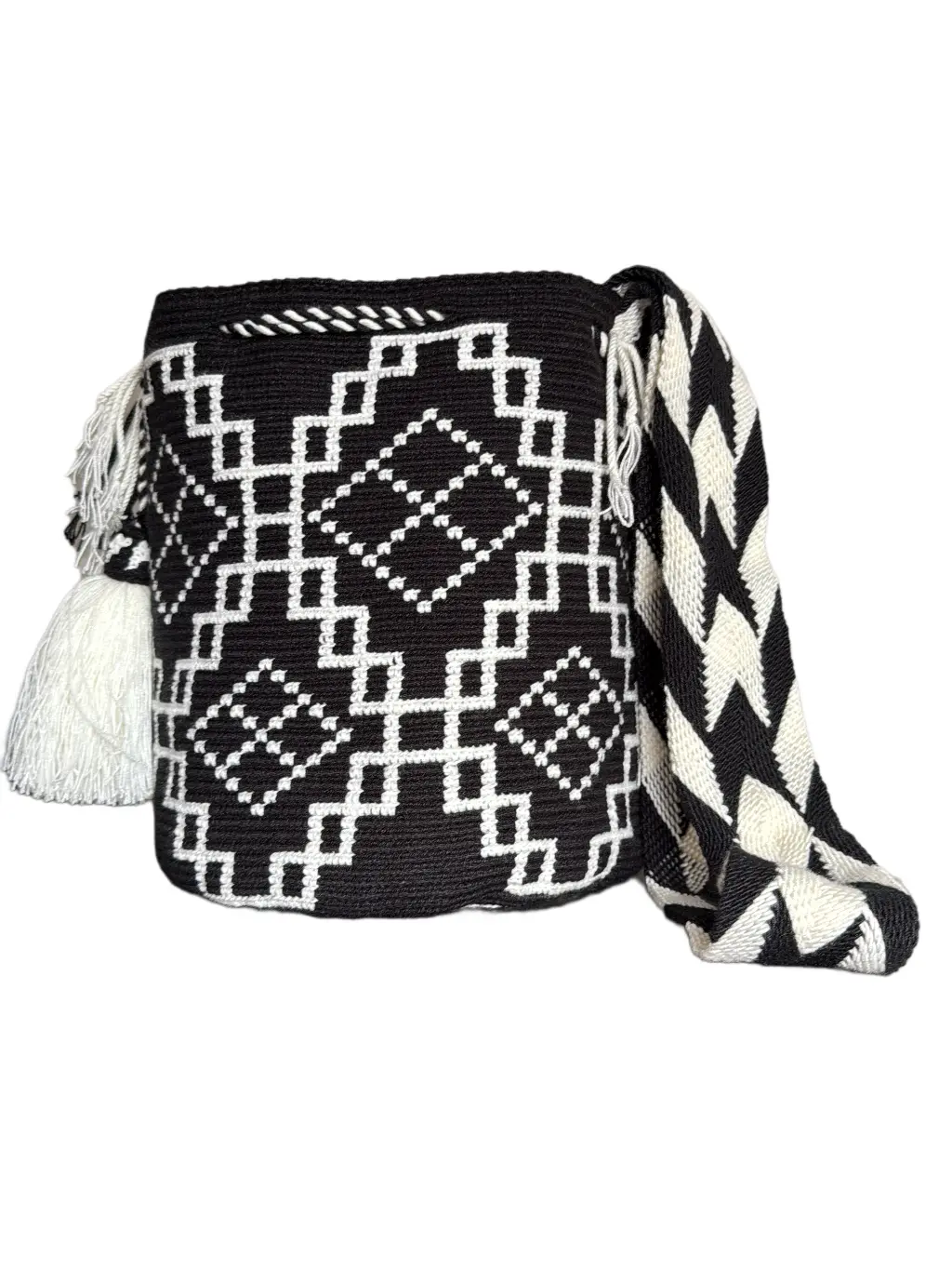 Women's Handcrafted Wayuu Crossbody Bag, Bohemian Crochet Weave Purse with Geometric Print, Wide Strap and Tassels, Handcrafted Bag, Crossbody Purse, Casual Outings, Bohemian Look, Tasseled Ends, Fashionable Bags