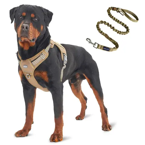 Auroth Tactical Dog Harness and Leash Set - 6 FT Tan 900D Nylon Heavy Duty Leash, Reflective Adjustable Harness with Quick Buckles, Top/Bottom Adjustment, Molle System, No-Pull Training Vest for Small-Large Breeds, Hunting, Outdoor Recreation Leads