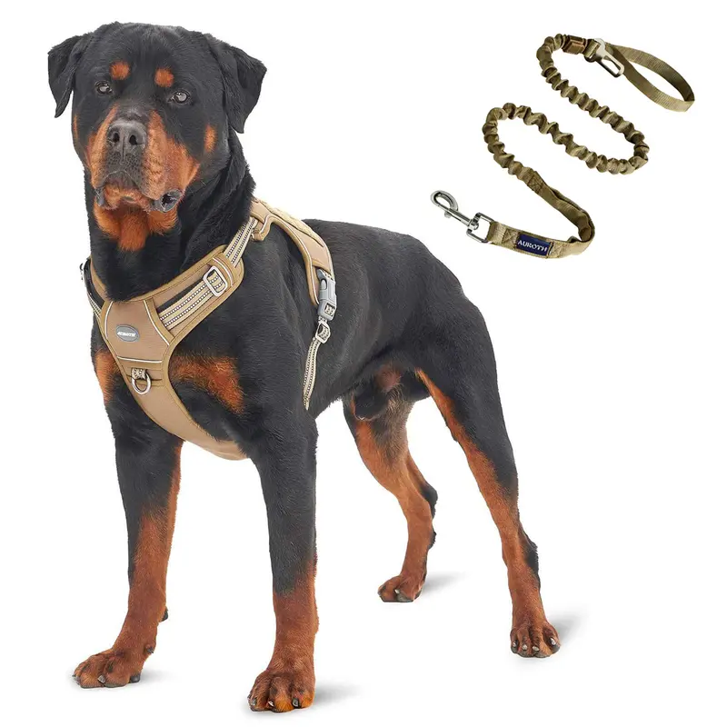 Auroth Tactical Dog Harness and Leash Set - 6 FT Tan 900D Nylon Heavy Duty Leash, Reflective Adjustable Harness with Quick Buckles, Top/Bottom Adjustment, Molle System, No-Pull Training Vest for Small-Large Breeds, Hunting, Outdoor Recreation Leads