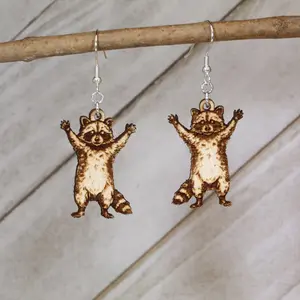 Raccoon Wooden Dangle Earrings | Cute Woodland Animal Jewelry