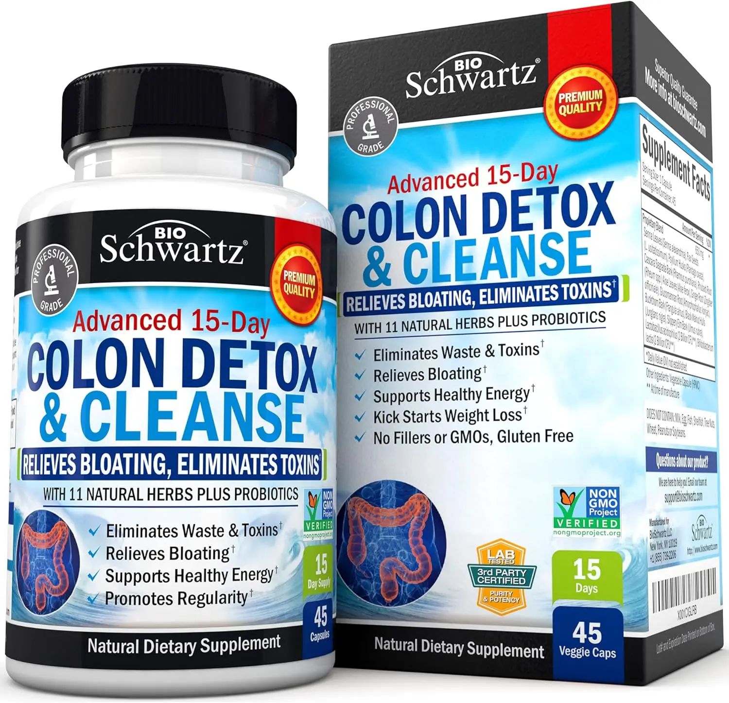 15 Day Cleanse - Gut and Colon Support, Fast Acting, Extra Strength Formula with Probiotics and Fiber for Bloating and Constipation Relief, 45 count