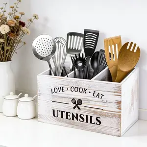 Rustic Wooden Kitchen Utensil Holder, 3-Compartment Countertop & Wall-Mounted Organizer for Forks, Spoons, Flour Sifters - Space-Saving Multi-Use Storage for Kitchen & Pantry, Perfect Christmas & Halloween Decor