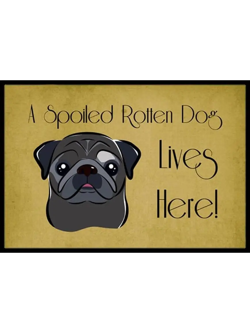 Black Pug Themed Indoor & Outdoor Mat - 24 x 36 in, Anti-Skid, Durable, Fade Resistant, "Spoiled Dog Lives Here" Design, 36 L X 0.15 W X 24 H In