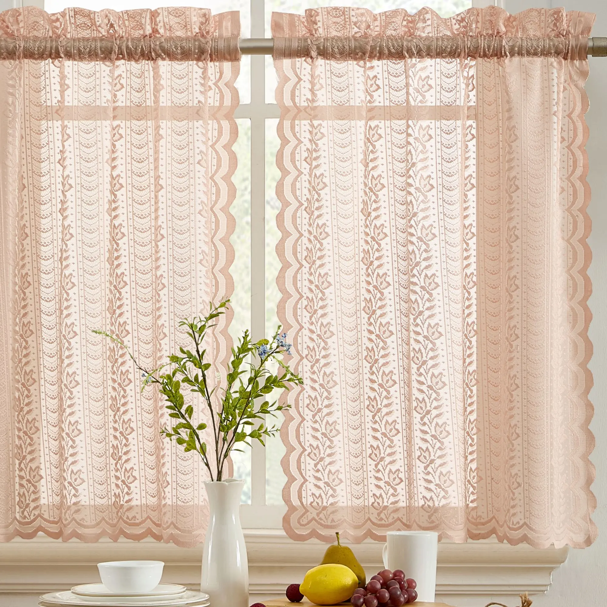 HLC.ME Sophia Floral Rod Pocket Lace Tiers - Set of 2 - Light Romantic Airy Sheer Curtains for Home Decor Easy Install Lightweight Voile Fabric