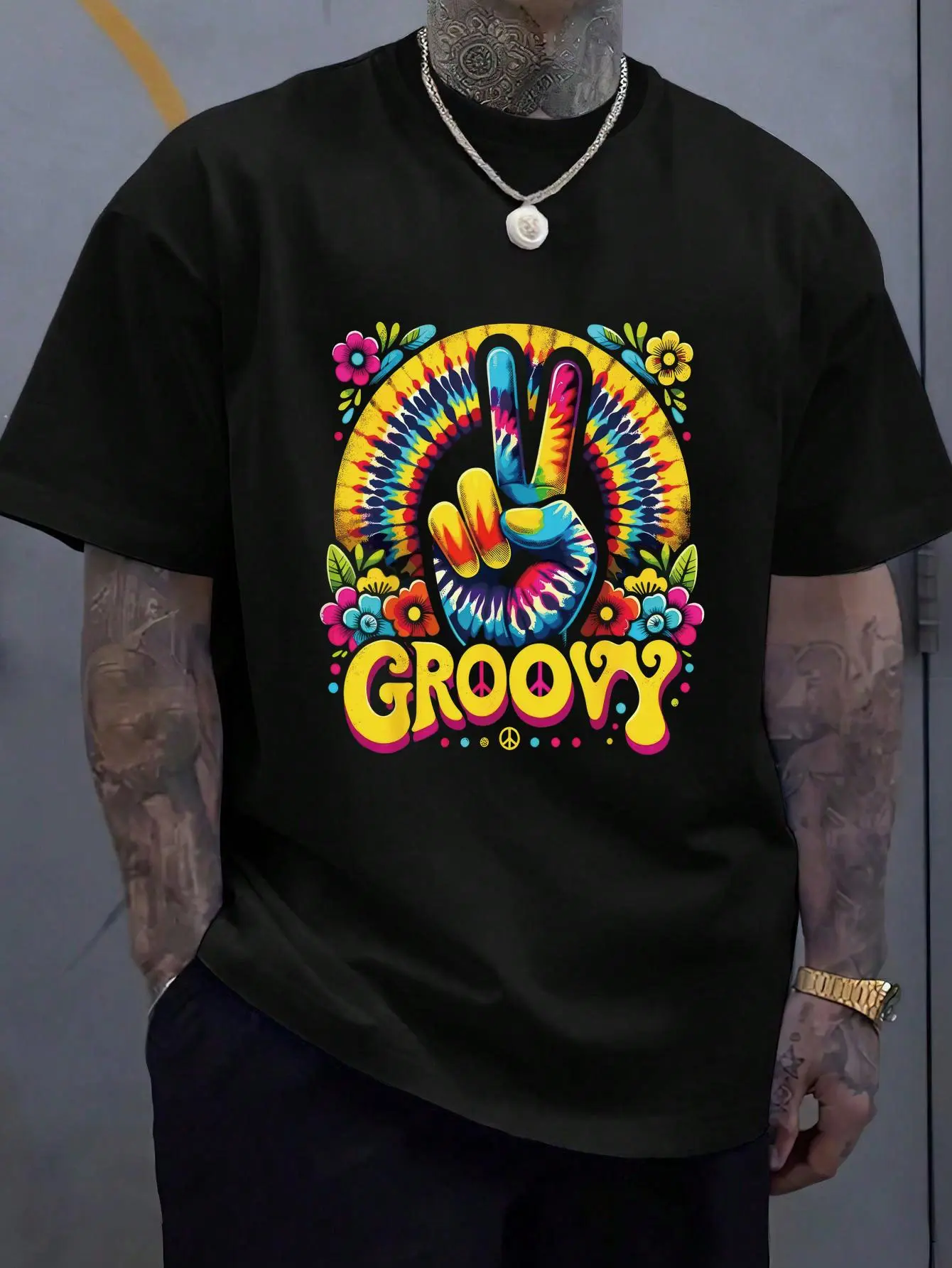 100% Cotton Tie Dye Groovy Peace Sign Hippie T-Shirt Cotton Shirt, Western Outfits Shirts Men's Graphic Tees Top