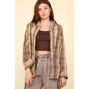 VERY J Contrast Plaid Raw Detail Shirt