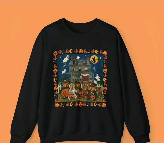 Trick or Treat Bears Haunted House Sweatshirt, Vintage Halloween Crewneck, Retro Spooky Season Sweatshirt, Cozy Fall Halloween Apparel, Cute Autumn Gift for Women & Men