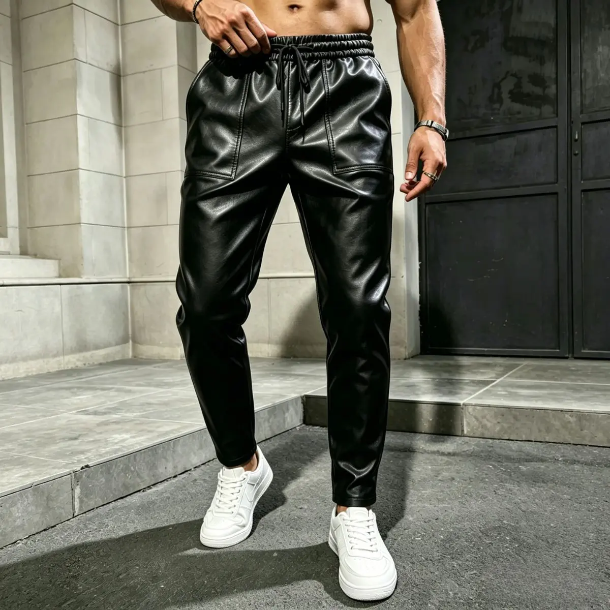 Men’s high-street black leather pants with elastic waistband and cuffed legs, casual streetwear long pants