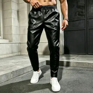 Men’s high-street black leather pants with elastic waistband and cuffed legs, casual streetwear long pants