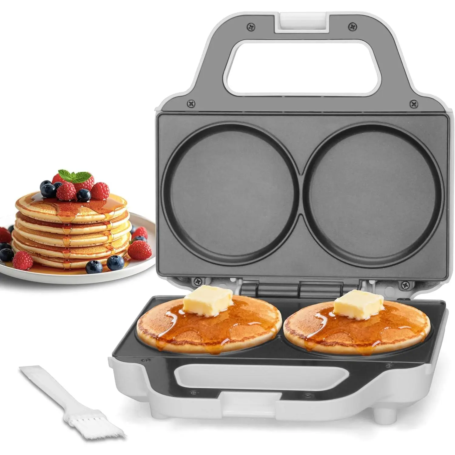 Double Mini Pancakes Maker Machine, Arepa Maker, Electric Pancake Maker Griddle, Ideal for Pancakes, Cookies, Eggs, Arepas & Breakfast Sandwiches, White, 4 Inch