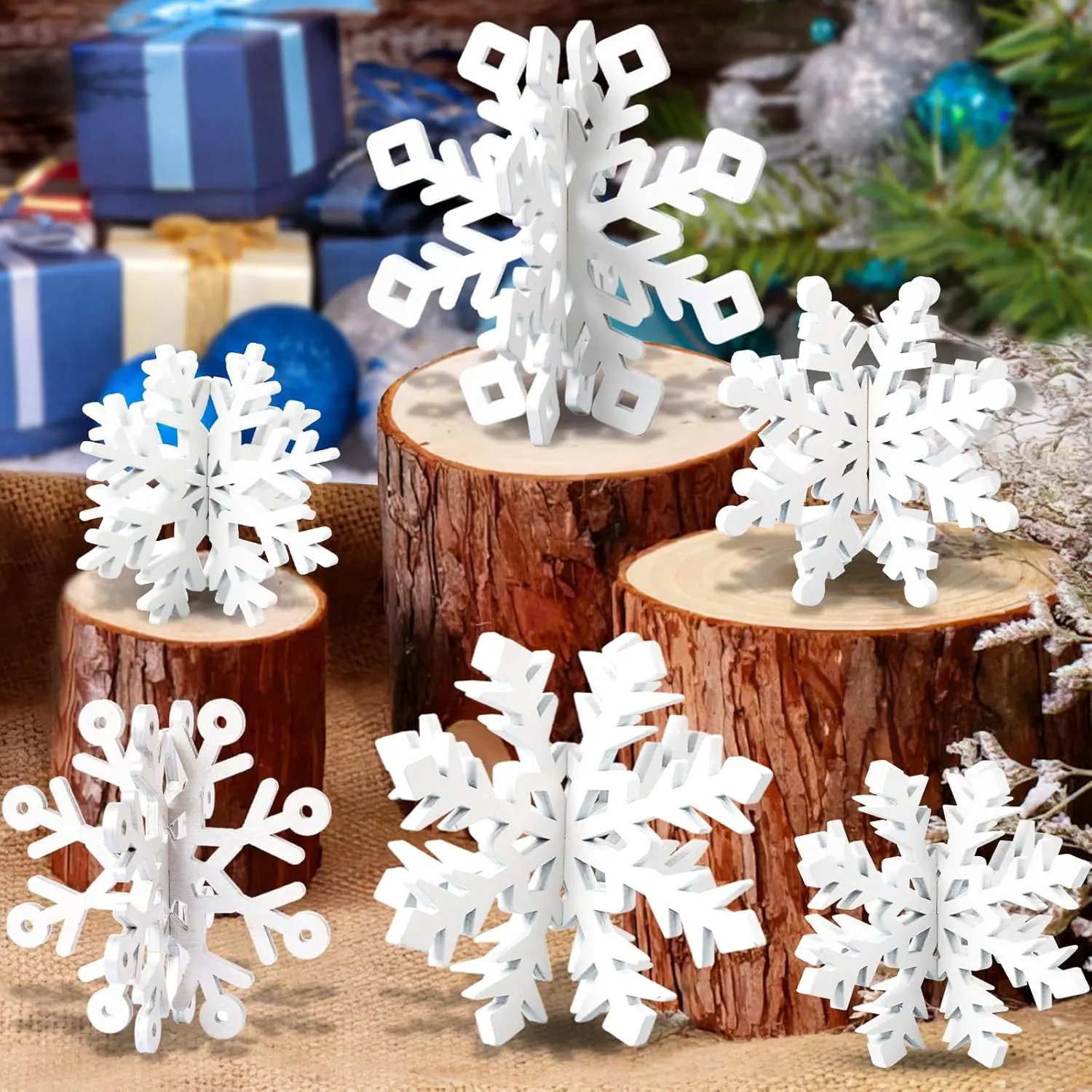 6 Set Snowflake Christmas Table Decorations - 12pcs White Wooden 3D Snowflake Decor Tabletop Centerpiece for Christmas Party Supplies Home Decor