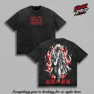 Hell’s Paradise Vintage Washed Anime Graphic Tee, Jigokuraku Gabimaru Streetwear T Shirt, Dark Manga Aesthetic Oversized Heavy Cotton Shirt, Japanese Anime Fan Gift, Retro Y2K Unisex Washed Tee, Hell Paradise Fire Art Graphic Top