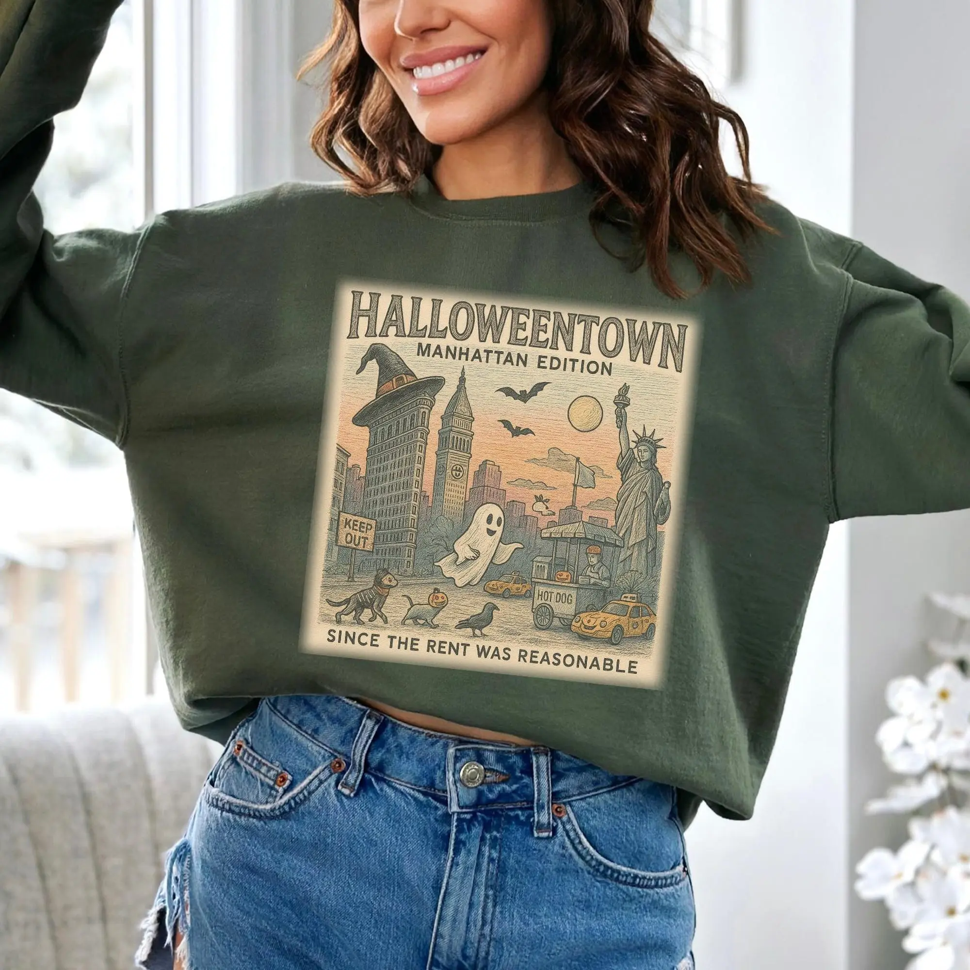 Halloweentown Manhattan Sweatshirt Halloween NYC Shirt Funny Ghost Pumpkin Fall Crewneck Since The Rent Was Reasonable 2lg7q9j92fma