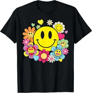 100% Cotton Retro Smile Face Flower Happy Face Flowers Heart Girls T-Shirt