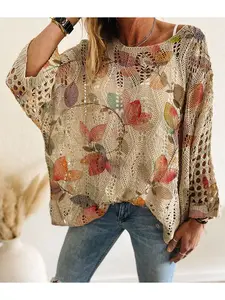 Spring & Summer Off-Shoulder Diamond Cutout Batwing Drop-Shoulder Loose Knit Top. Contrast Leaf Print, Long Sleeve, Bohemian & Vacation Style, Casual Elegant Commute. Cover-up for Vests and Bikinis.