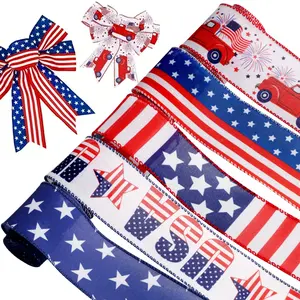 5 Rolls Patriotic 4th of July Wired Ribbon, 2.5 Inch x 5 Yards Each, Red White Blue Star Stripe Print Ribbons for Independence Day Wreaths Bows Crafts