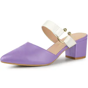 BLISSFUL STEP Pointed Toe Chunky Heel Dress Mules Pumps Purple White
