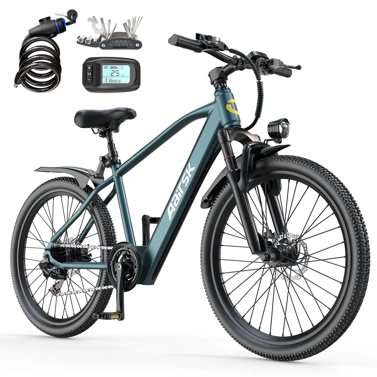Aairsk GT300 Adult Mountain Ebike - 24", 400W Motor, 10Ah Battery, 25Mph Speed, 40 Mi Pedal-Assist Range, 21-Speed, Dual Suspension, Adjustable Seat, Folding Bikes for Outdoor Sports