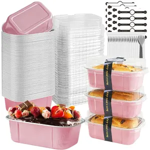 mini loaf pans with lids and spoons 50 Pack,5.5 oz Rectangle mini individual cake tins Disposable Small Aluminum Foil Baking pans(Pink)