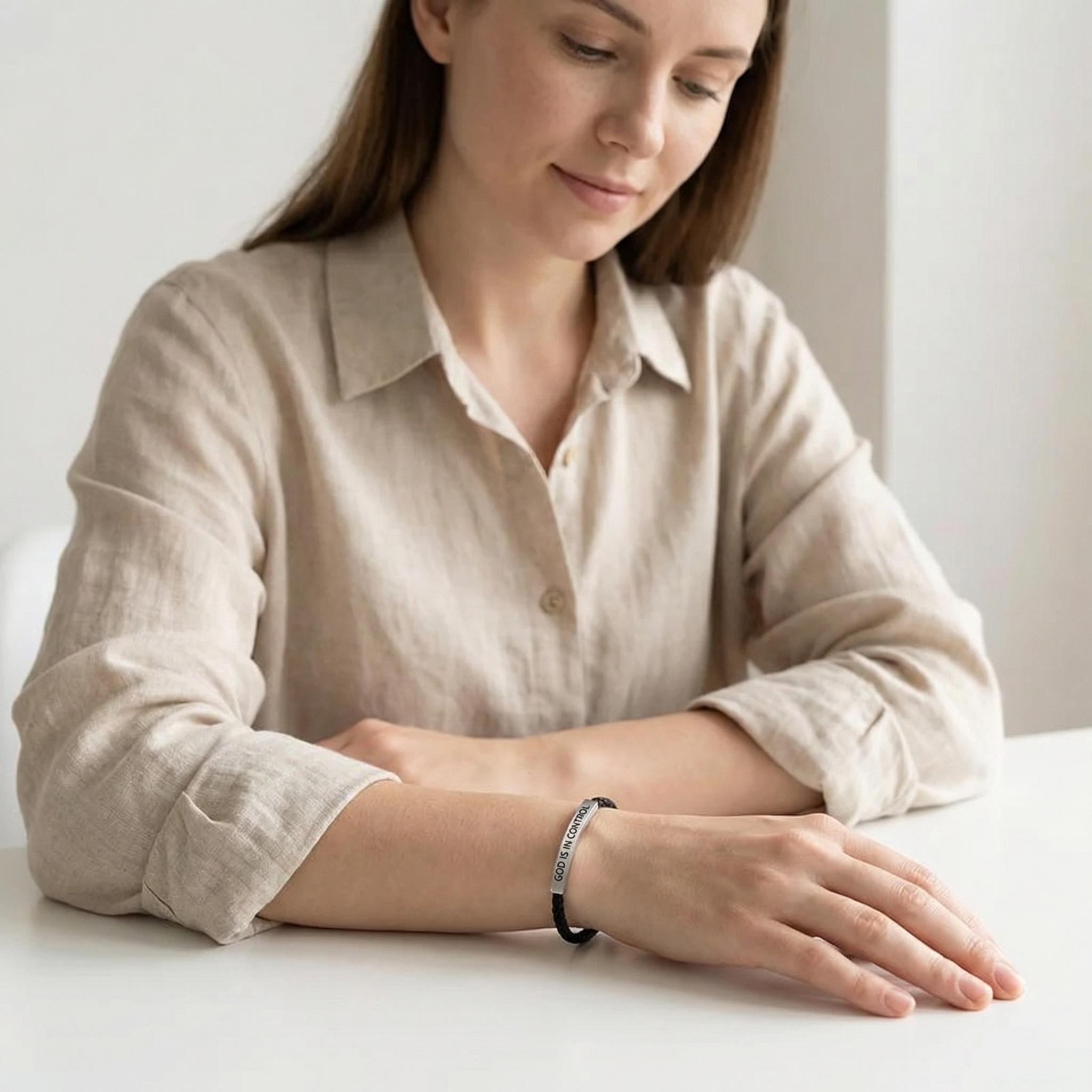 Inspire Bracelet "GOD IS IN CONTROL"-Premium Artistic Engraving ,Stainless Steel ,Adjustable Up to 10 in,Meaningful ＆Visually Appealing Jewelry ,Perfect Mother's Day Gift