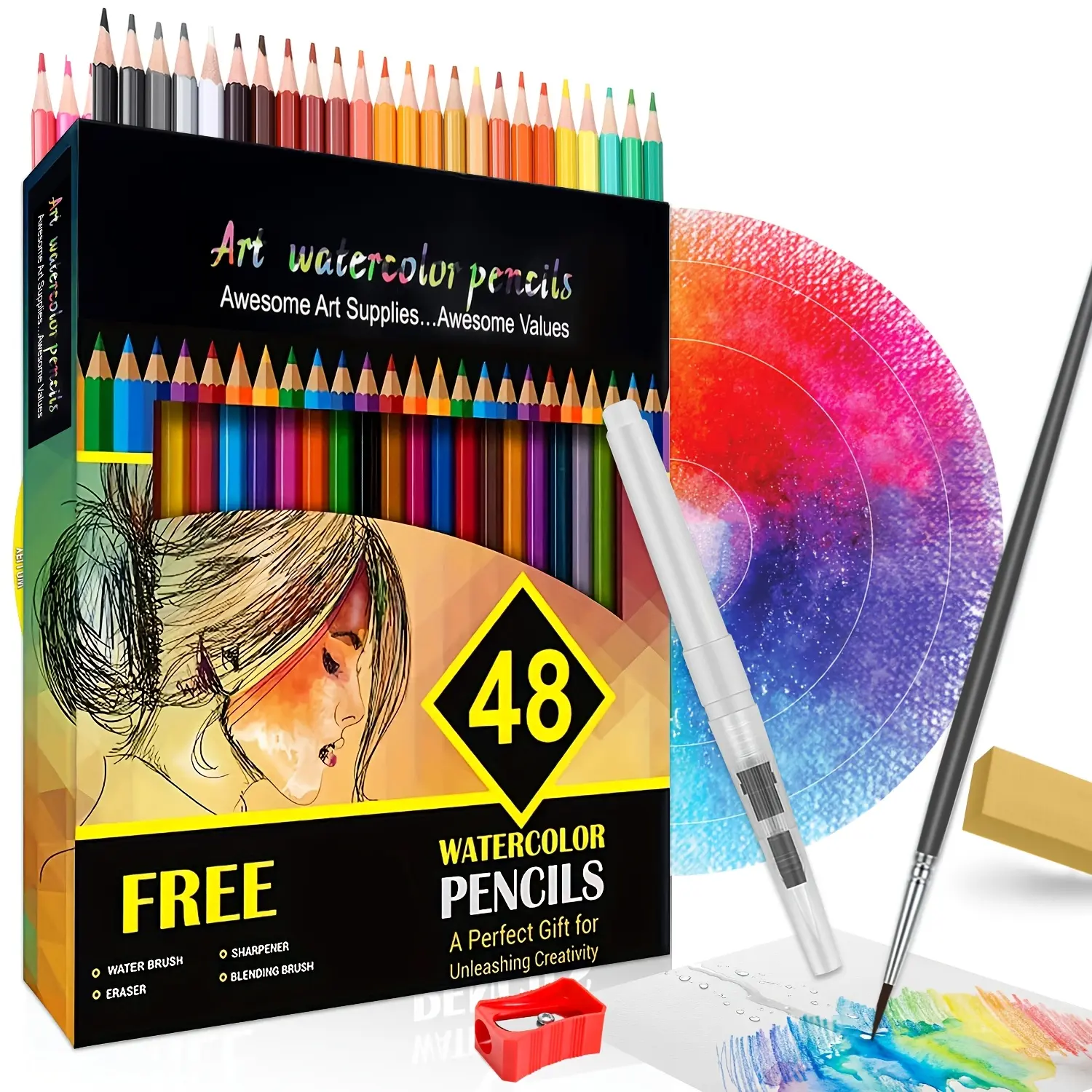 48 Colors Water Soluble Colored Pencils Set with Water Brush Pen - Professional Watercolor Pencils for Artists, Adults, Perfect for Drawing, Sketching, Coloring Books & DIY Art Crafts