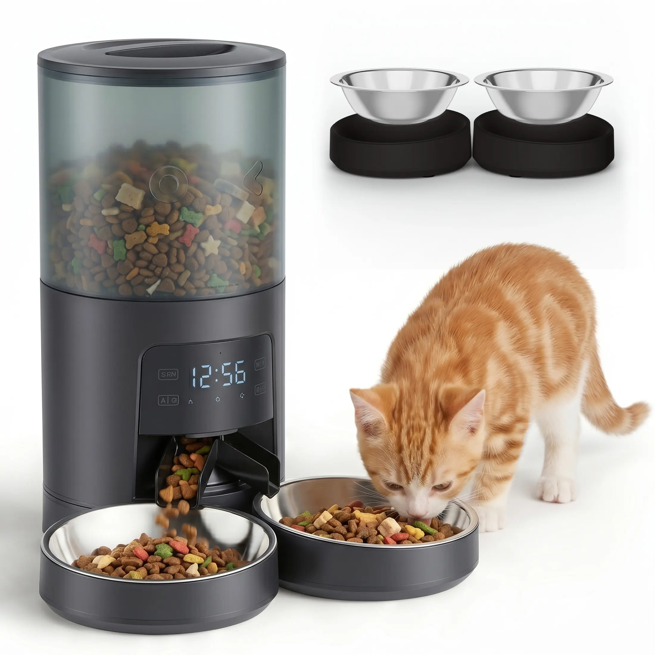 Sweetcrispy Modern App-Controlled Timed Cat Feeder, 10s Voice Recorder, Dual Power Supply, Food Storage, Stainless Steel Components, Desiccant, Timed Feeding for Small Cats and Dogs