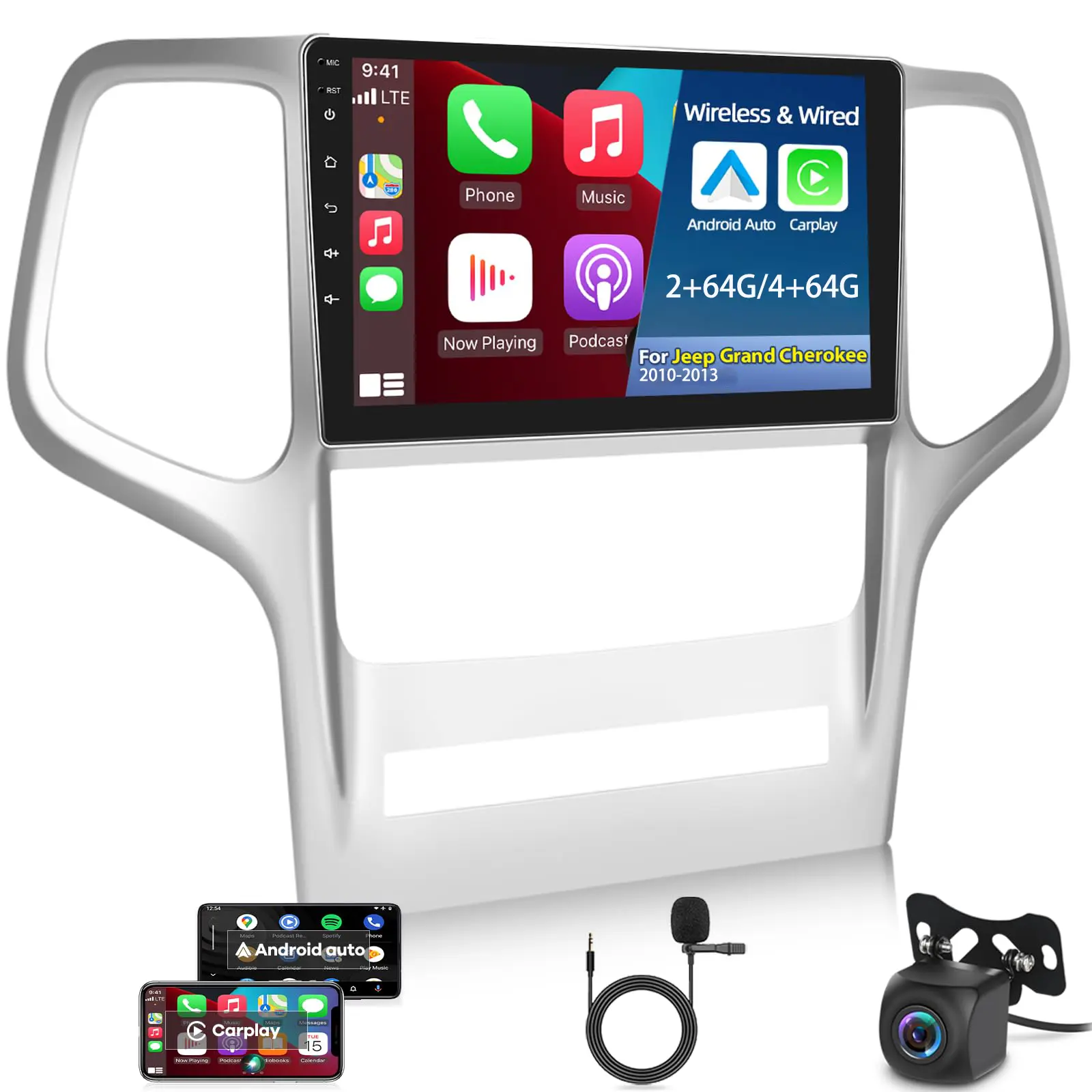 Wireless Carplay Android Car Radio for【Jeep Grand Cherokee 2010-2013】9 Inch Touchscreen with Android Auto/DSP/GPS/WiFi + AHD Backup Camera [2/4G+64G]
