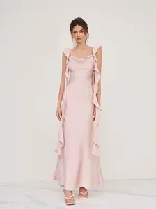 Satin Cowl Neck Solid Ruffle Hem Maxi Dress