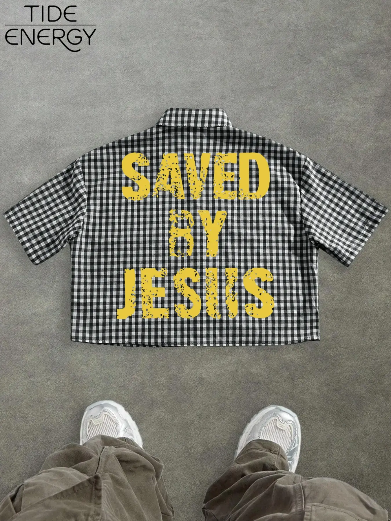Men's Plaid Short Sleeve Casual Shirt, Religious Street Style, Checkered Fabric, Back Printed Saved by Jesus Tag