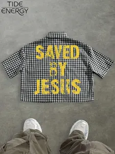 Men's Plaid Short Sleeve Shirt, Religious Street Style, Checkered Fabric, Back Printed Saved by Jesus Tag