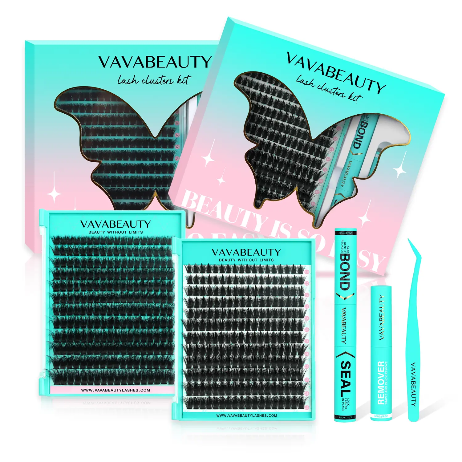 VAVA BEAUTY Booom Kit DIY Clusters, Spiky Kit Bond&Seal, Tweezer, Remover For Girl at Home Makeup Cosmetic -Volume Wispy Dramatic Fluffly Individual Eyelash Extensions