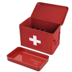 Plexon 8.5" Metal First Aid Box with Lid, Portable Medicine Storage Organizer with Tray & Handles, Emergency Kit Case, Red & White