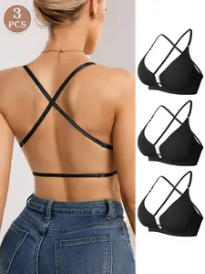 3 Pcs Women's Seamless Cross Back Backless Bra Set, Detachable Pads & Straps, Smooth Fit, Elegant Design, Comfortable Ladies' Underwear