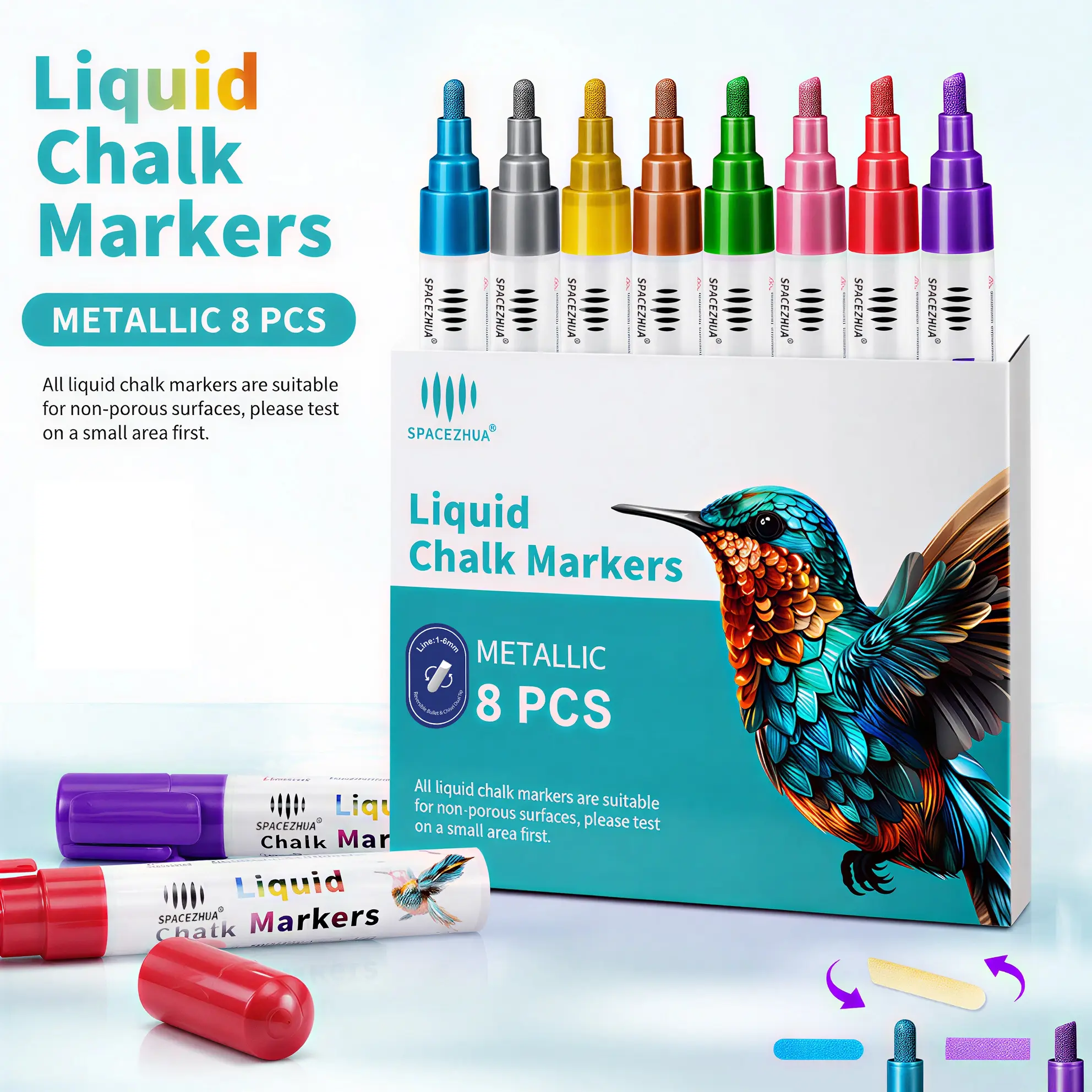 6MM Liquid Chalk Markers with Reversible Bullet-Chisel Tips, 8 Metallic Colors, Durable Nib, Wet-Dry Erase Office Stationery for Teachers, Ideal for Blackboards, Electro Laser Key Marking, Art Creation (Emerald Included), Smooth Lines