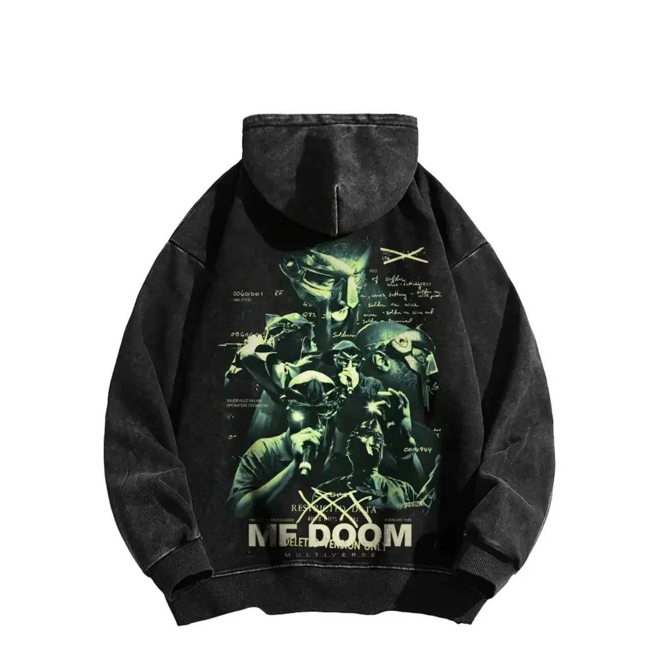 Washed sweatshirt featuring images and text of British rapper *MF DOOM*'s mask and multiple portraits in varying shades-Long Sleeve Cotton Unisex Vintage Hoodie, Oversize Shirt, vintage Outfit, gift for fan, y2k styles YAV