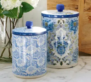 2 Pcs Kravet Arboretum Stoneware Cookie Jar, 49.5 oz – Azure & Chambray