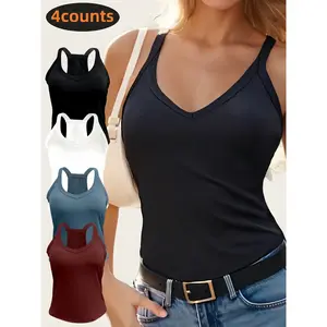 4-Pack Women's V Neck Backless Crop Top with Built-In Bra, Thin Strap Sleeveless Casual Fashion Vest, Ladies' Comfortable Undergarment