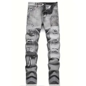 Men's Light Gray Ripped Distressed Jeans, Slim Fit Straight Leg Denim with Side Pockets, Soft & Breathable Cotton Blend, Casual Street Style Trousers for All Seasons