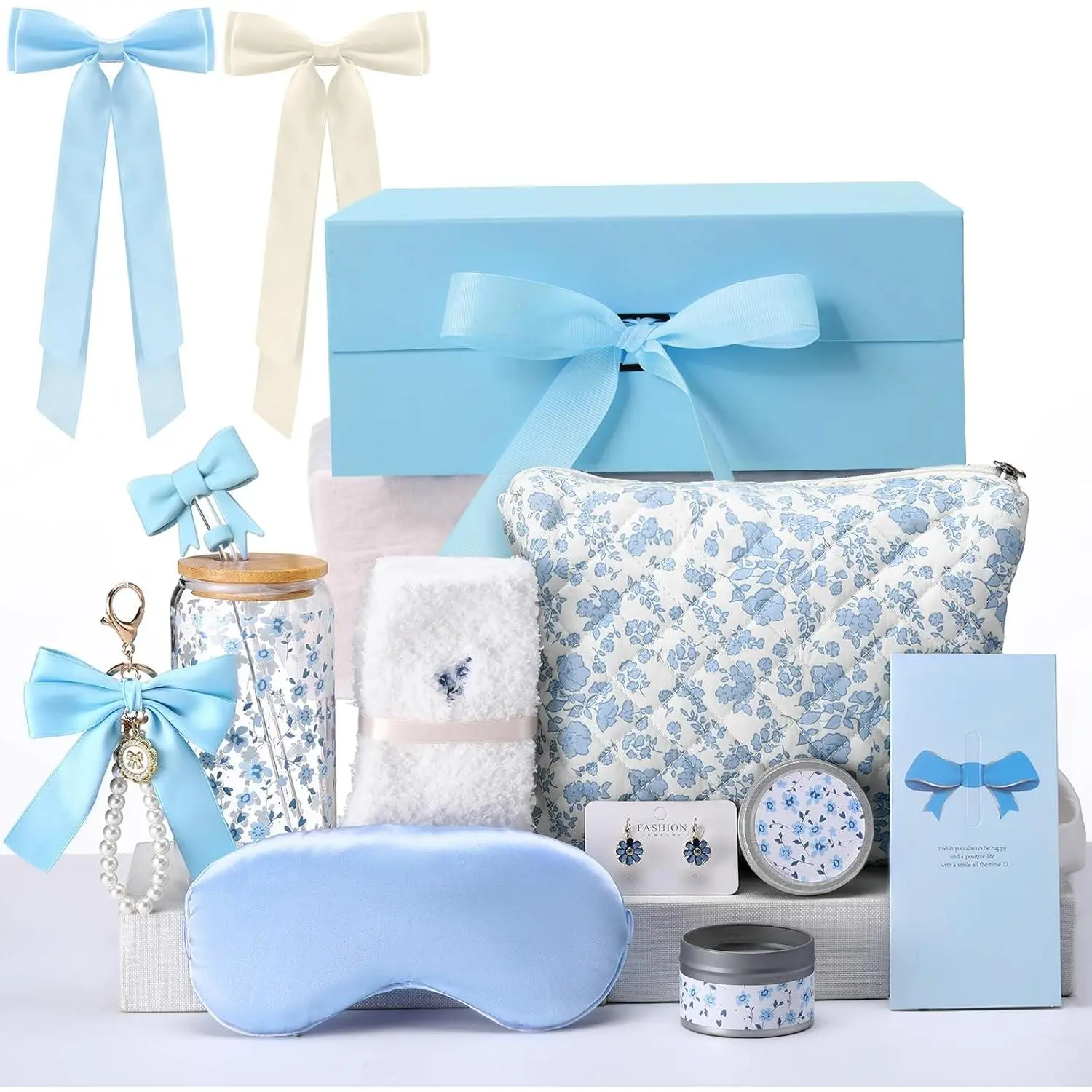 Blue Floral  Baskets for Teen Girls, Women Trendy Stuff  Bow Teen Girl Self Care Birthday Box  for Her, Sister  Women Sweet 16th 18th 21st Box