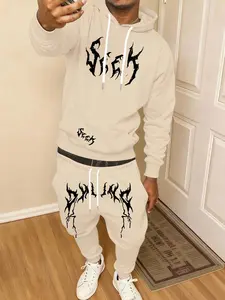 Men's Casual Fitted Hooded Sweatshirt and Drawstring Pants Set, Thorn Pattern Print, Long Sleeve, Comfortable Fashion, Outdoor Activities