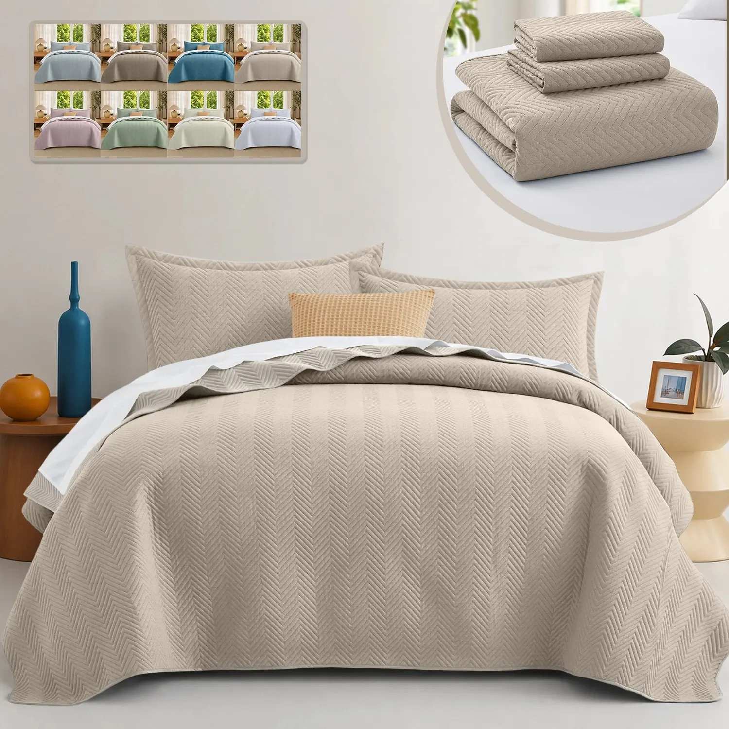Twin Size Reversible Quilt Bedspread Set, Soft Lightweight Coverlet, Home Textile Bedding Set