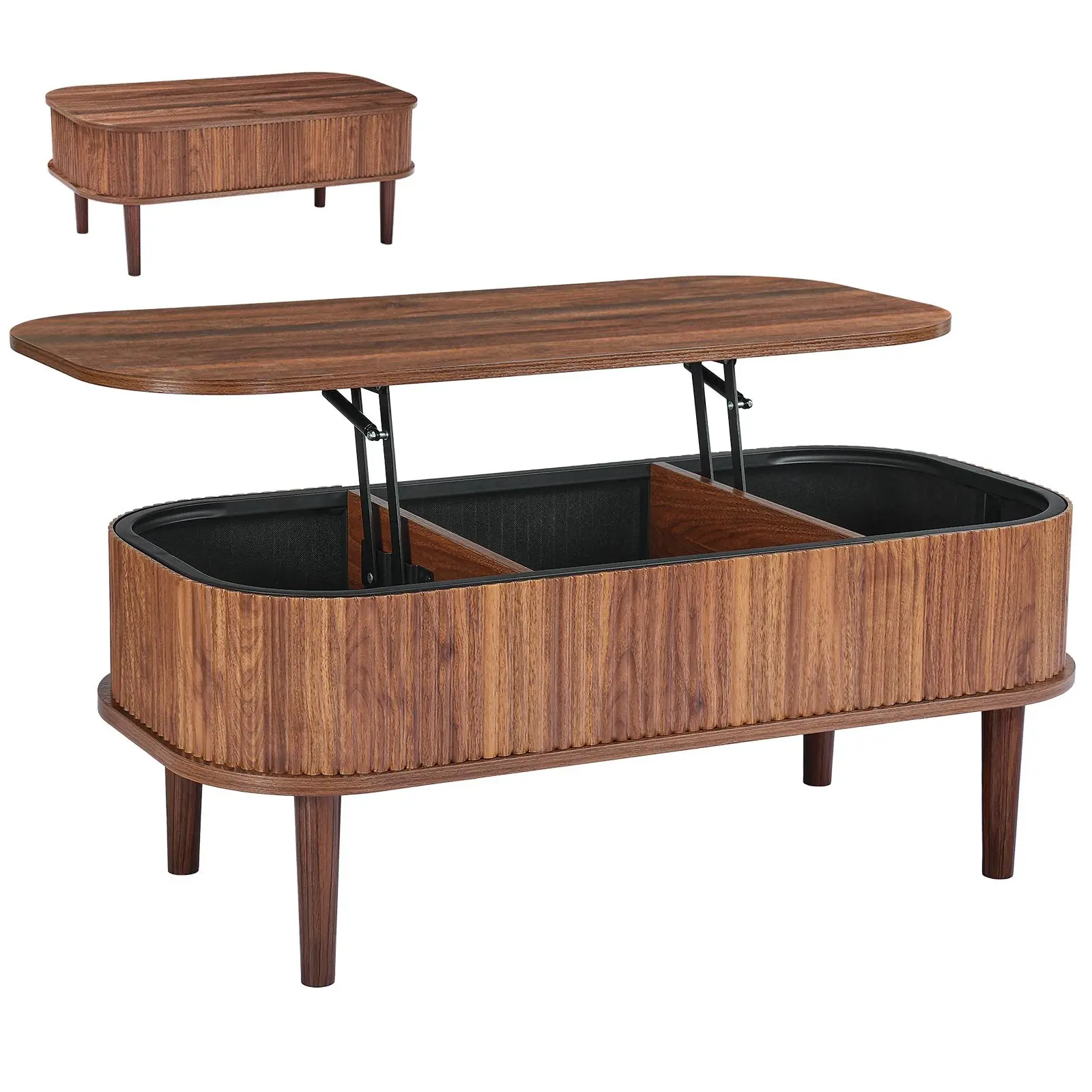 VEVOR 39.4 in Retro Lift-Top Walnut Wood Coffee Table - Fluted Oval Multifunctional Console Table with 3 Hidden Compartments, Wave Detail, Mid-Century Adjustable Height Space-Saving Easy-Assembly Home Furniture