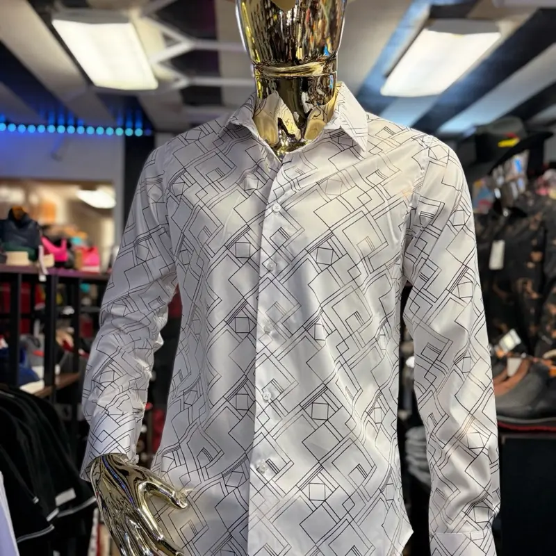 Camisa - Lamasini Men's Shirt with Geometric Pattern - Black and Gold Design for Formal and Casual Wear