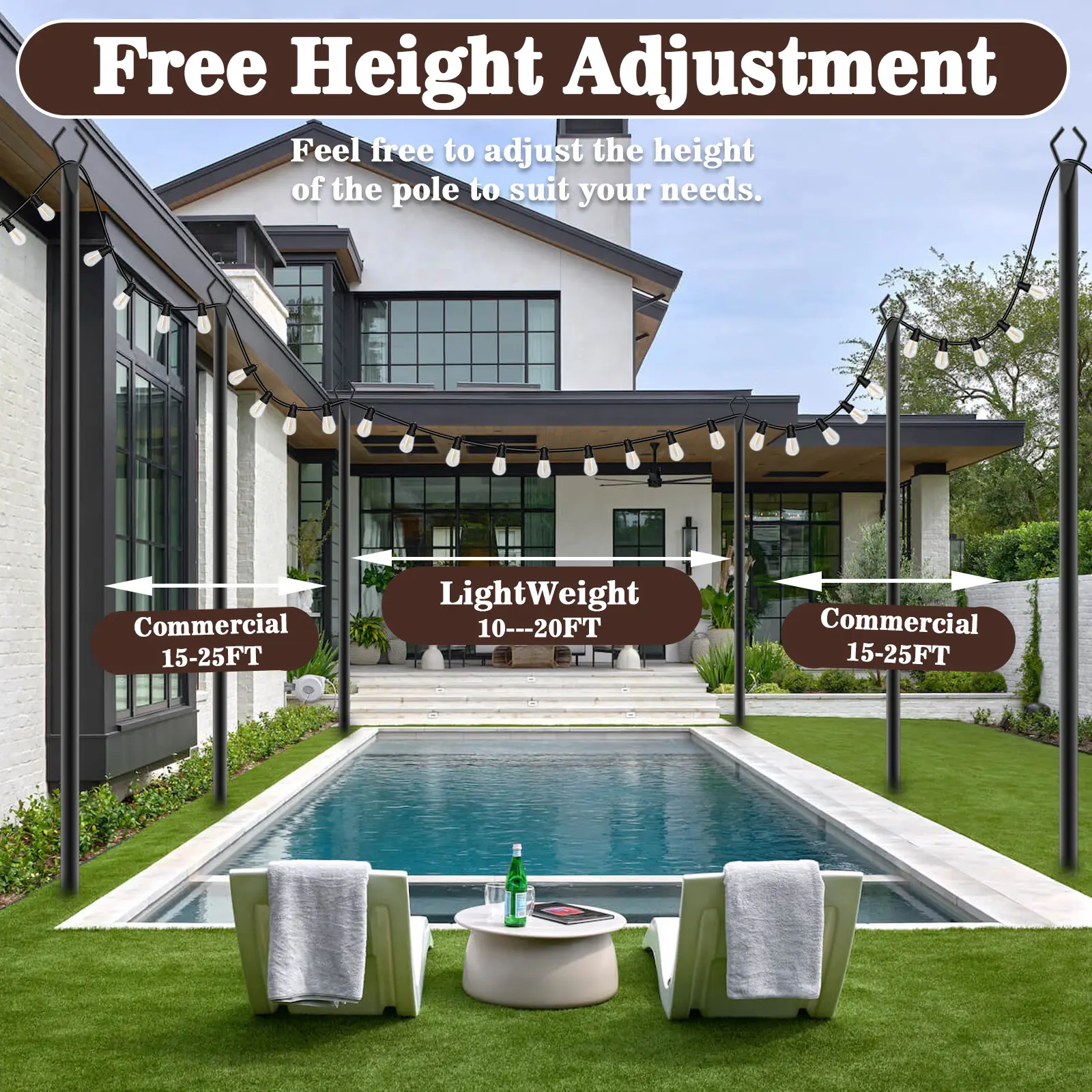 6-Pack 10 Ft Heavy Duty Metal String Light Poles – Adjustable Outdoor Lighting Stand With Hooks, Rustproof