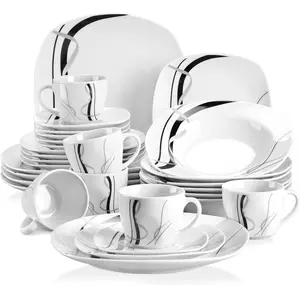 30-Piece Dinnerware Sets for 6 White Dishes with Black & Gray Stripes Porcelain Dinner Set Includes Dessert Soup Dinner Plates Cups & Saucers
