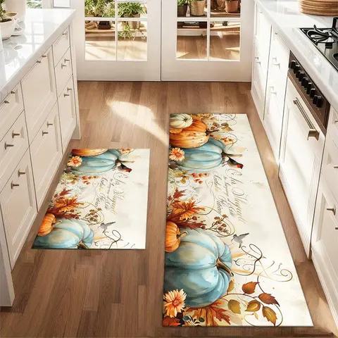 2Pcs Autumn Pumpkin Watercolor Bird Maple Leaf Floor mat set for farmhouse kitchen Rug restaurant floor laundry room decor Decorative Mats carpet mat Rug Sets