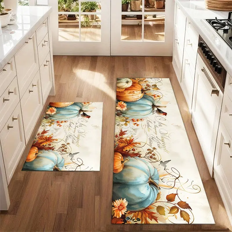 2Pcs Autumn Pumpkin Watercolor Bird Maple Leaf Floor mat set for farmhouse kitchen Rug restaurant floor laundry room decor Decorative Mats carpet mat Rug Sets