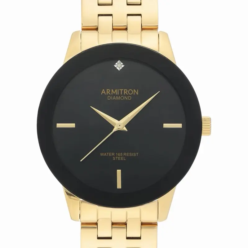 Armitron 20/5569BK Diamond Watch with Gold Tone Steel Band Black Dial Water 165 Resist Men's Timepiece