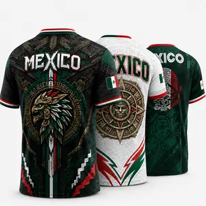 Mexican-Inspired V-Neck Graphic Shirt, Eagle Emblem Aztec Pattern Short Sleeve Sports Top, Cultural Casual Shirt for Men