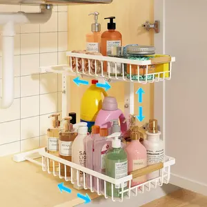 Under Sink Organizer, Height Adjustable Under Sink Organizers and Storage, 2 Tier Pull Out Drawer Cabinet Storage for Kitchen Bathroom, 1 Pack, White